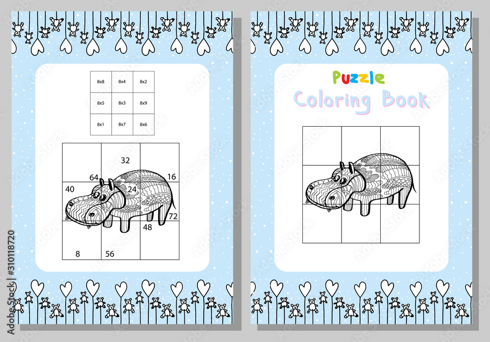 Multiplication table puzzle coloring book hippo childish style educational games gamevector vector