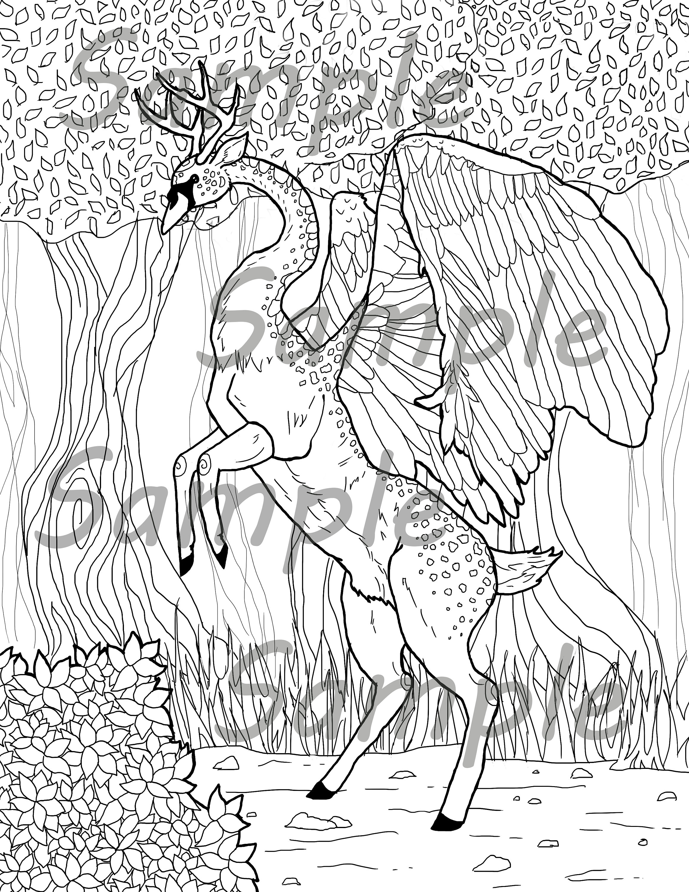 Swan deer hippogriff downloadable coloring page