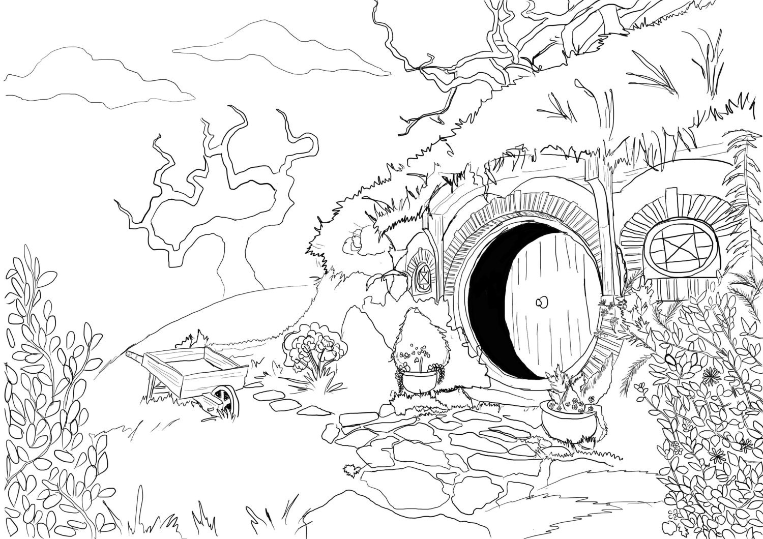 Adult coloring page hobbit house from lord of the rings