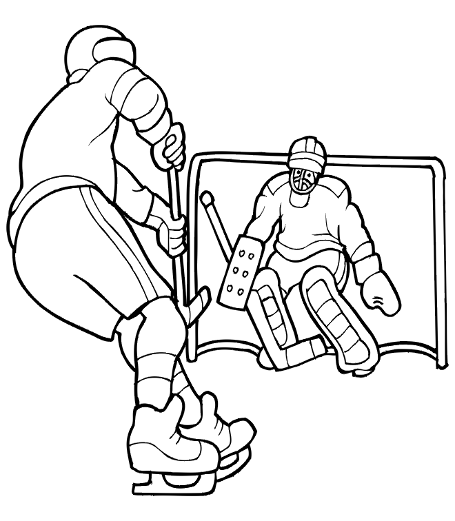 Hockey coloring page player approaching goalie