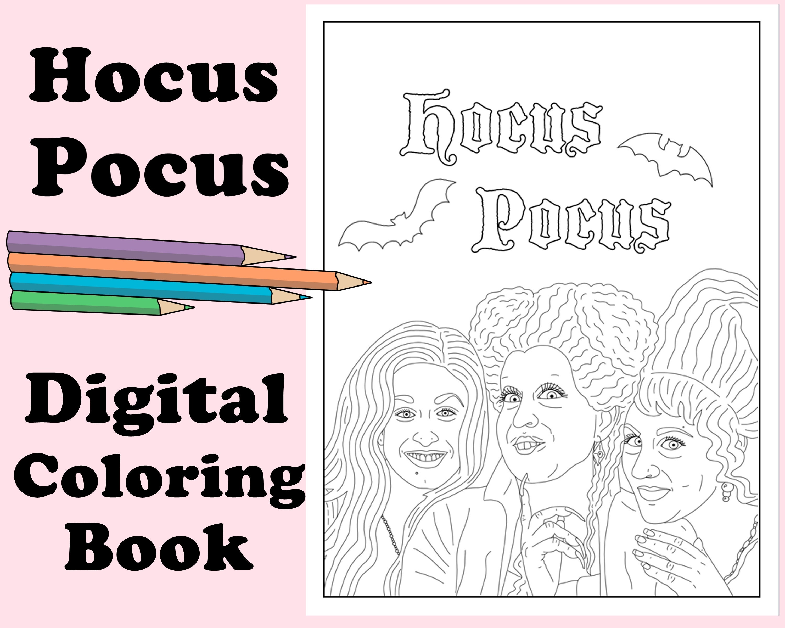 Hocus pocus digital coloring book instant printable pdf halloween activity rainy day art therapy coloring page party fun witches