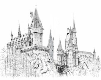 Drawing of hogwarts castle harry potter print wall art sketch print