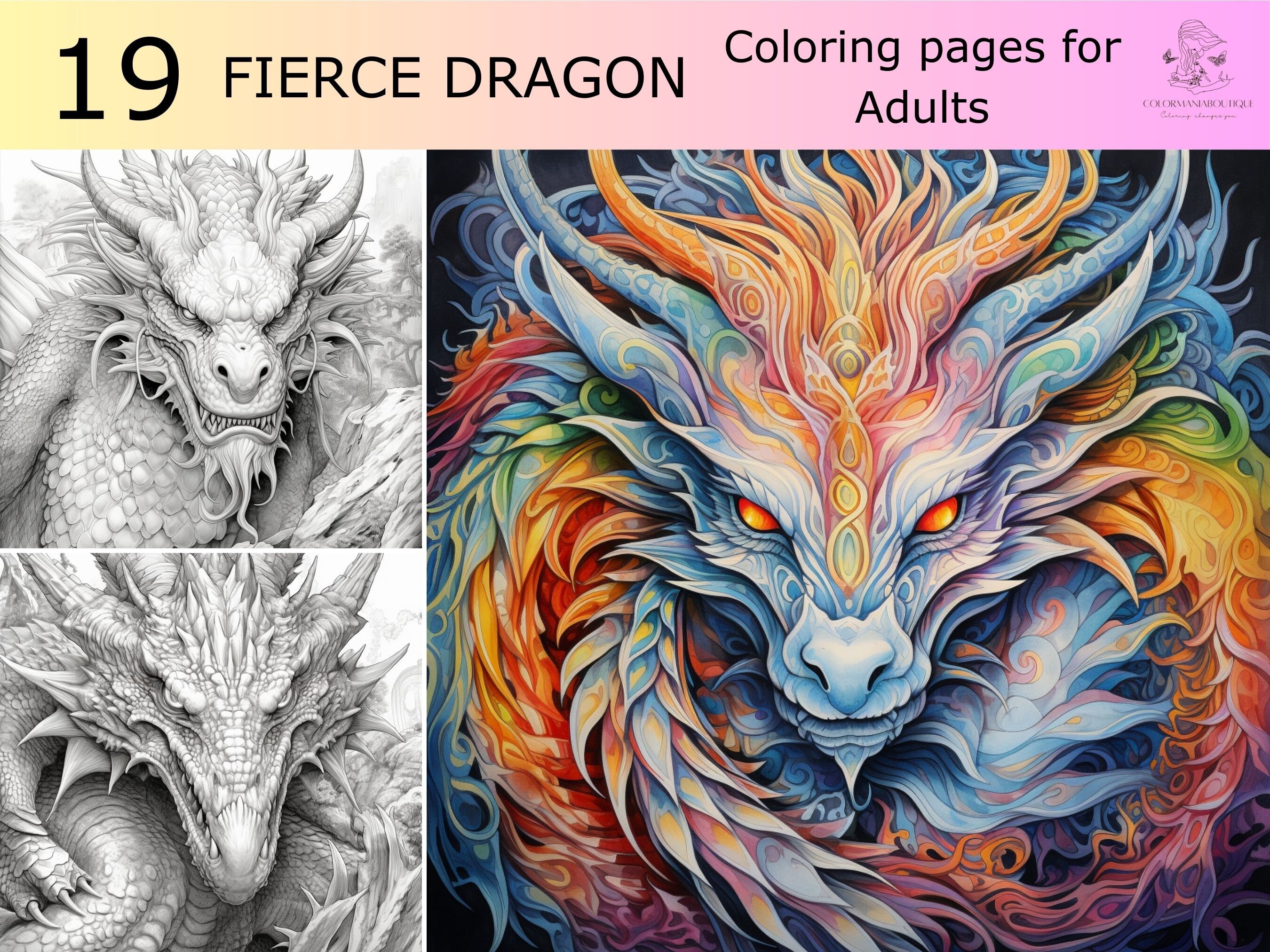 Greyscale dragon fierce dragon printable coloring book printable adult coloring pages download greyscale images