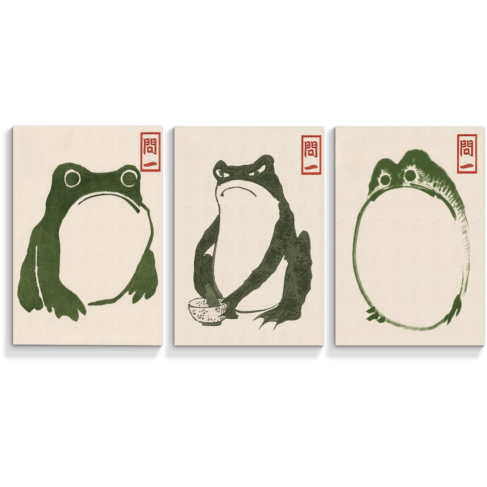 Xbsifyiooa cute japanese frog canvas wall art pcs xin funny vintage matsumoto hoji green frog posters wabi sabi aesthetic room decor eclectic asian animal print painting unframed posters prints