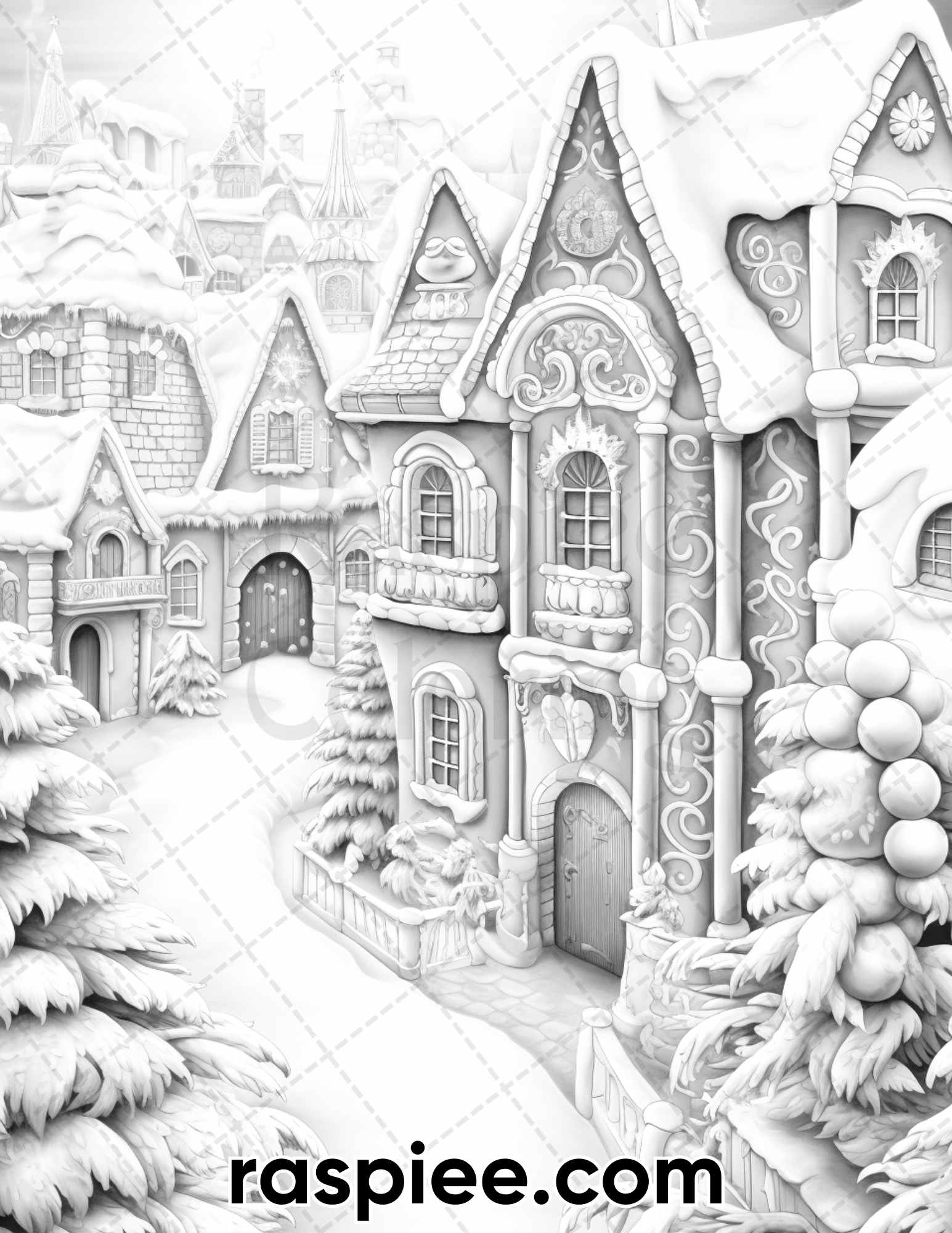 Gingerbread village grayscale coloring pages for adults printable â coloring