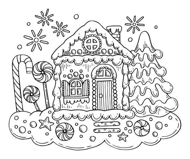 Christmas gingerbread house vector coloring page holiday sweets lollipops candies cookies decorated spruce and stars hand drawn line art winter illustration happy holiday stock illustration