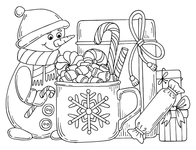 Premium vector christmas vector coloring page festive gift boxes a cup with a hot drink and sweets a cute snowman wearing a santa claus hat hand drawn line art winter illustration