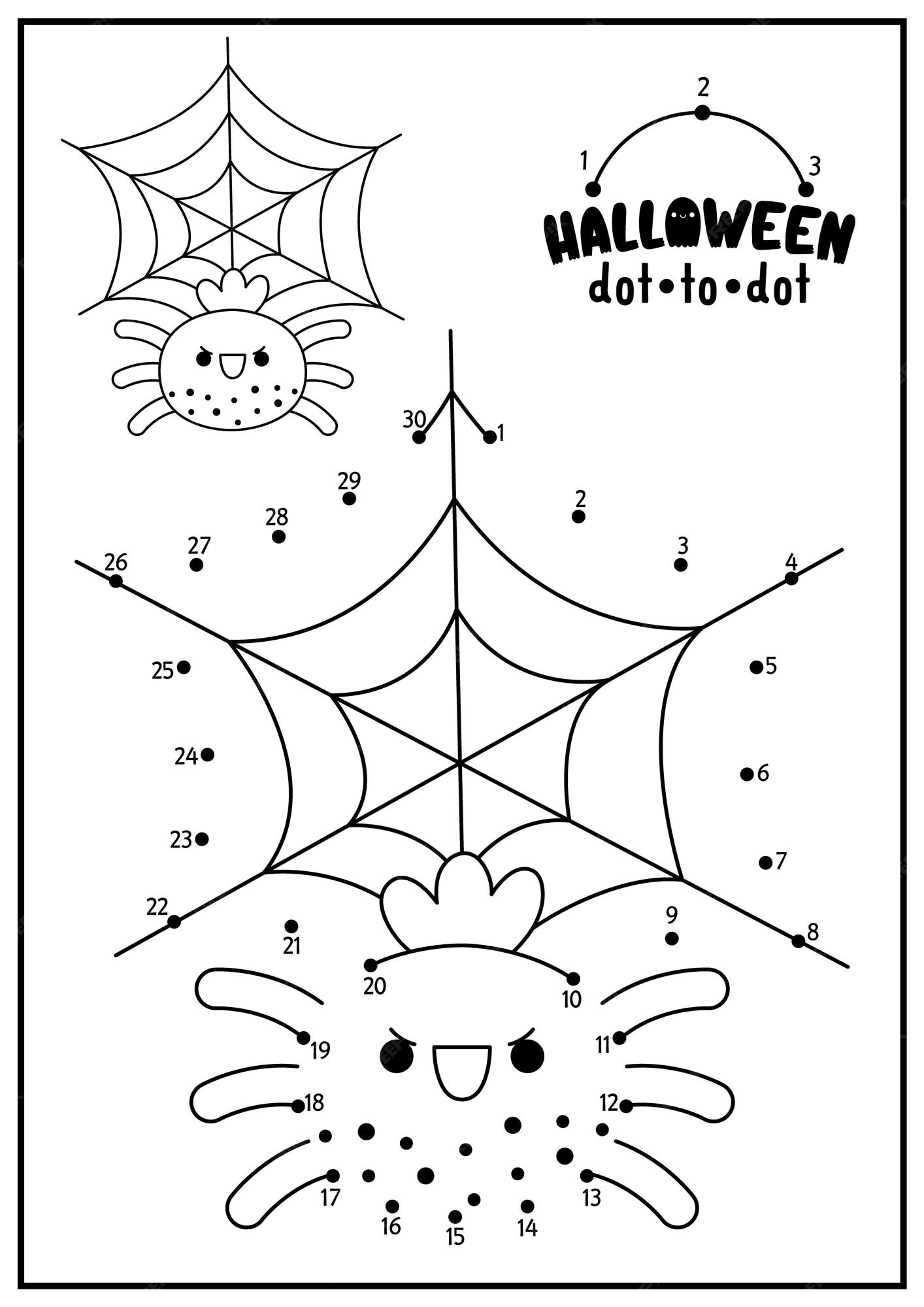 Premium vector vector halloween dottodot and color activity with cute kawaii spider and web autumn holiday connect the dots game for children all saints day coloring page for kids printable worksheet