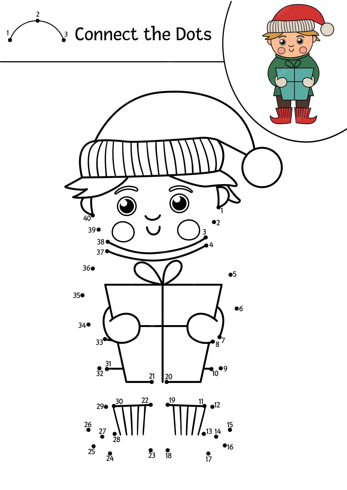 Premium vector vector christmas dottodot and color activity with cute elf boy holding present winter holiday connect the dots game for children funny coloring page for kids with traditional characterxa