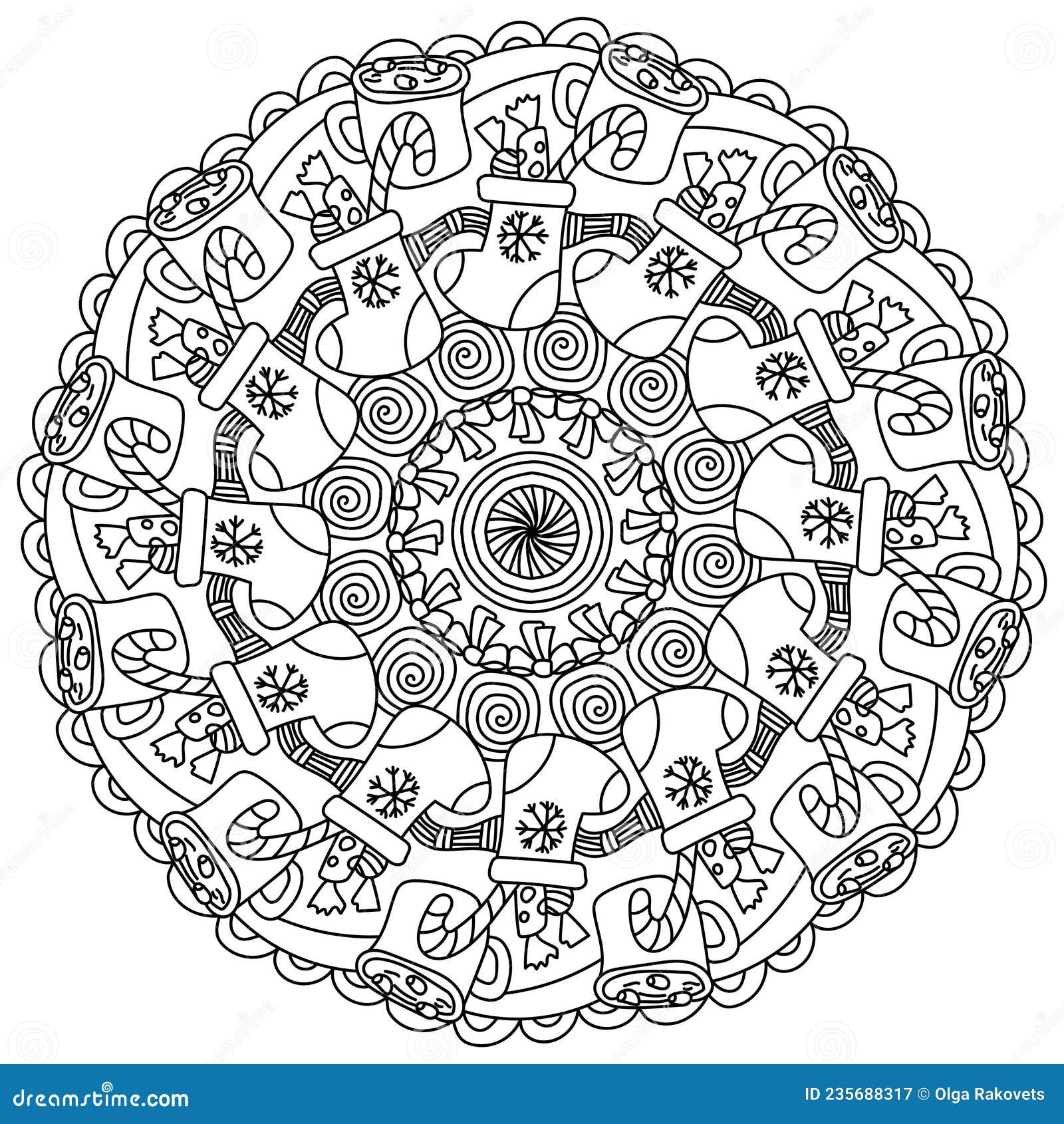 Christmas outline mandala holiday coloring page with gifts sock hot drink and xmas attributes stock vector