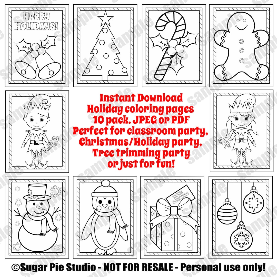 Christmas coloring pages holiday coloring sheets party favor teacher classroom party pdf and jpeg available