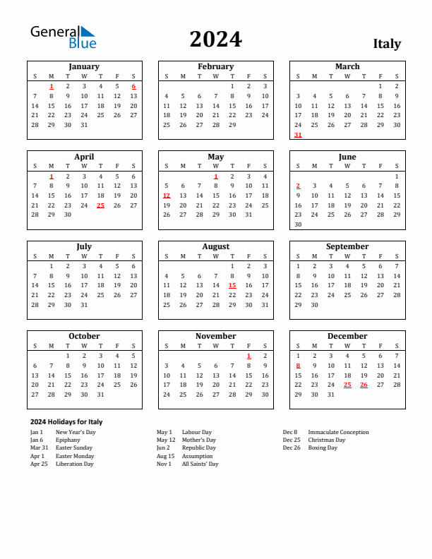 Italy calendar with holidays