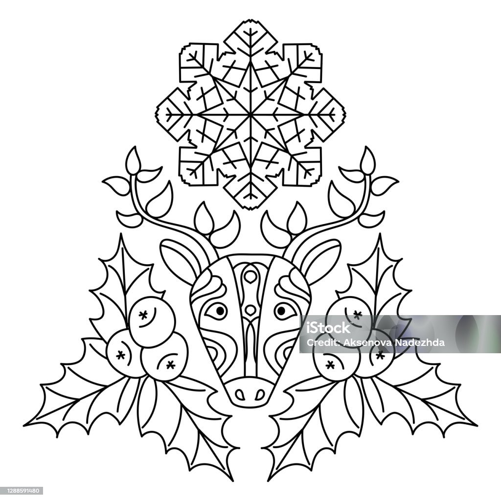 Coloring pages for children deer holly leaves and berries snowflakes stock illustration