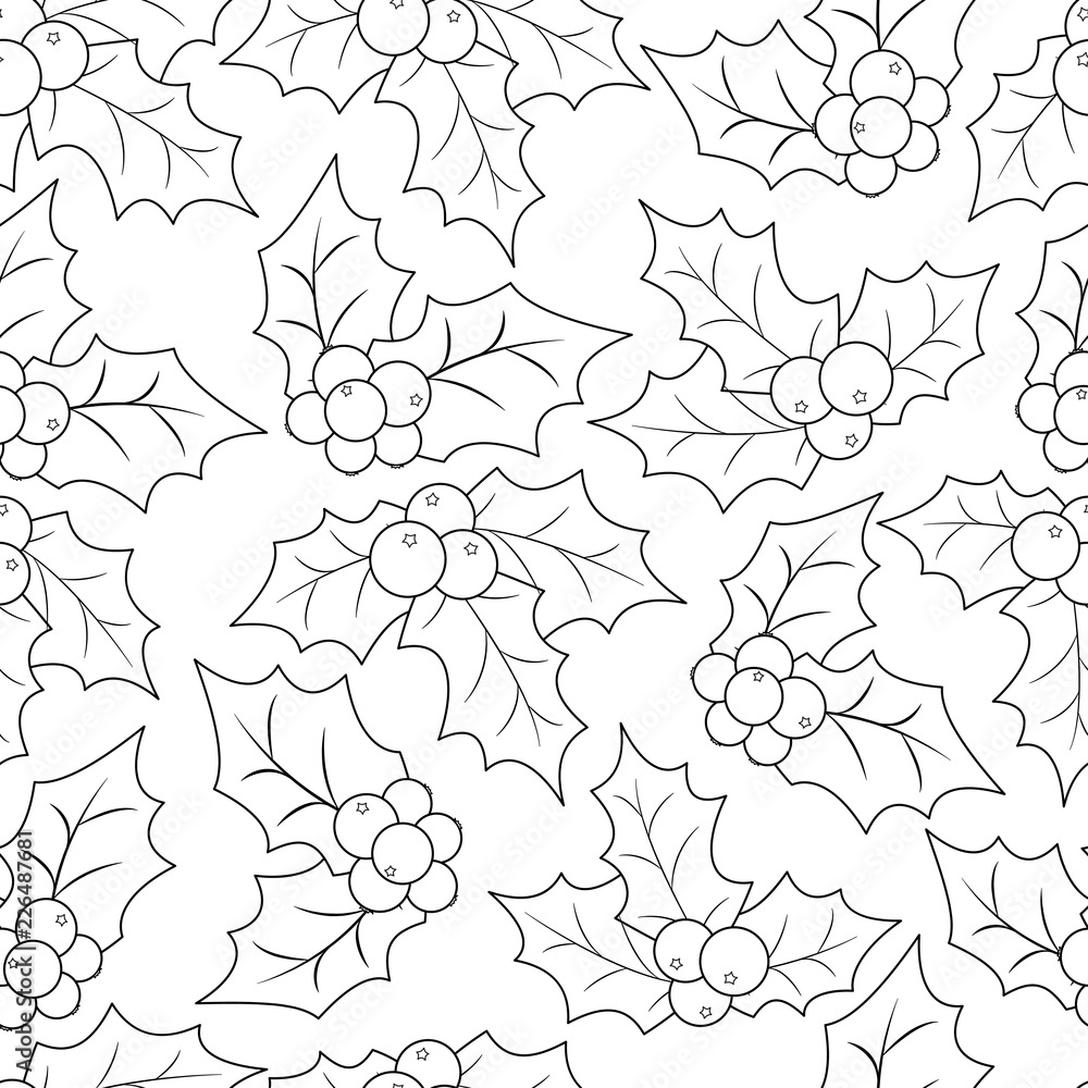 Coloring book page for adults and children christmas holly berry seamless pattern vector illustration vector