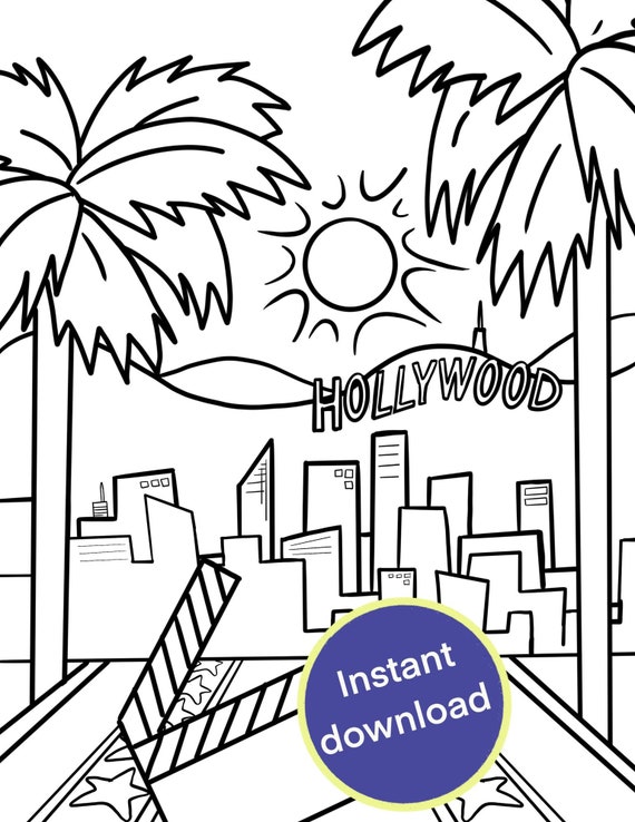 Hollywood los angeles ca coloring page for kids instant download california road trip vacation activity sheet educational