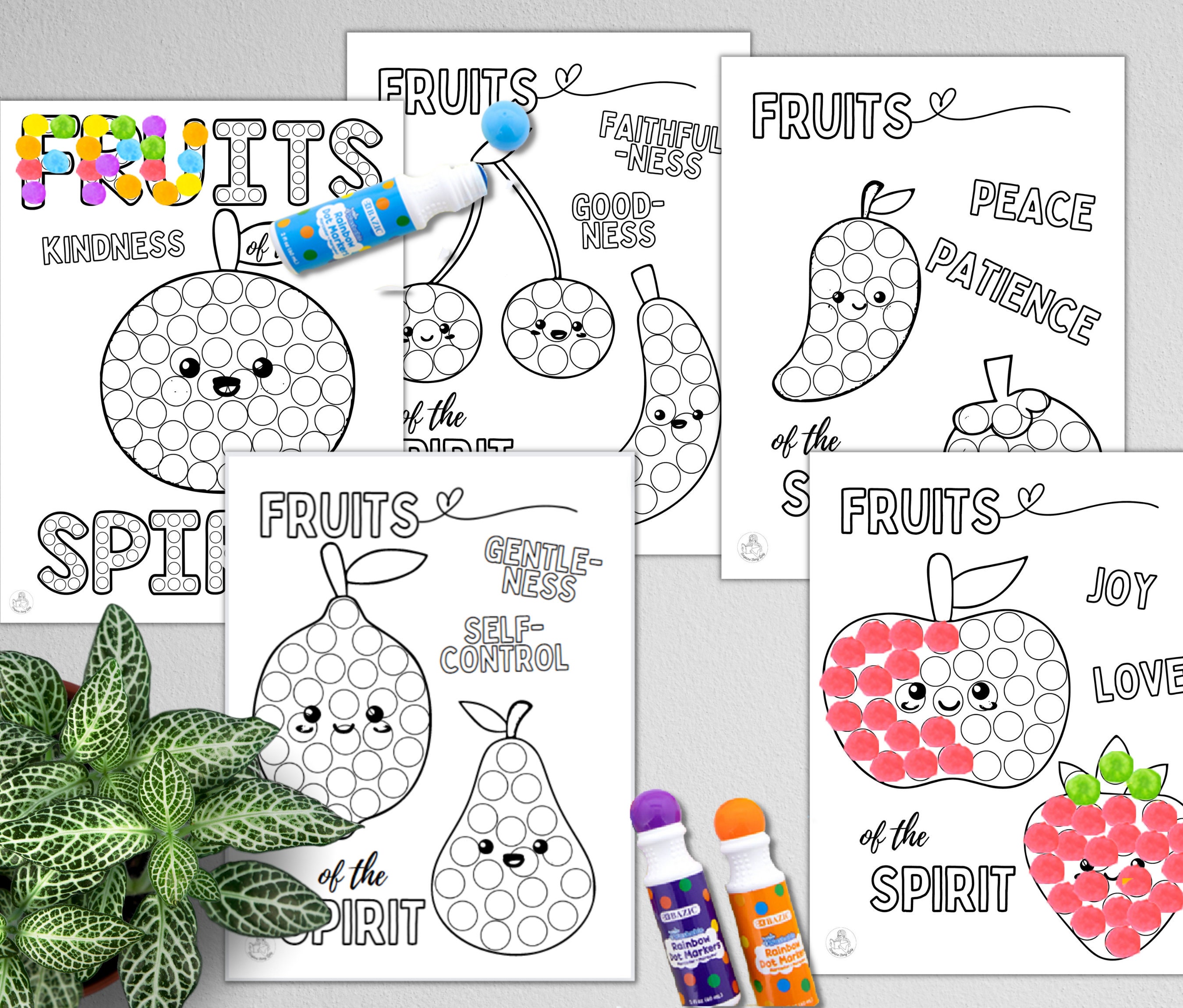 Fruits of the spirit dots markers coloring pages galatians kids coloring craft bible sunday school scripture printables download