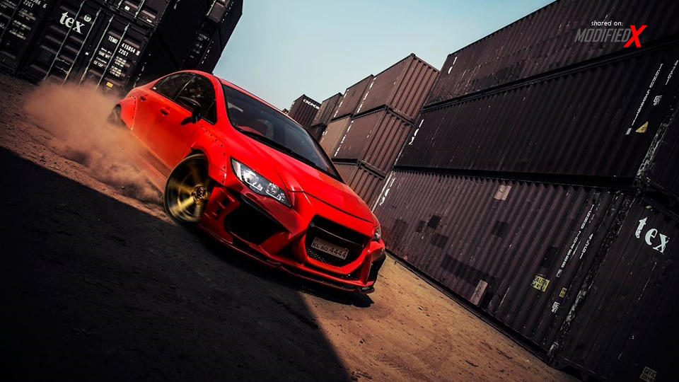 Modified red honda civic k break hyper wide