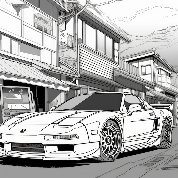 Premium ai image cinematic mangastyle coloring page honda nsx in front of kyoto car repair shop