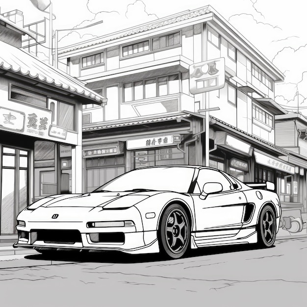 Premium ai image vibrant mangainspired coloring page honda nsx speeding outside a kyoto car repair shop in block pr