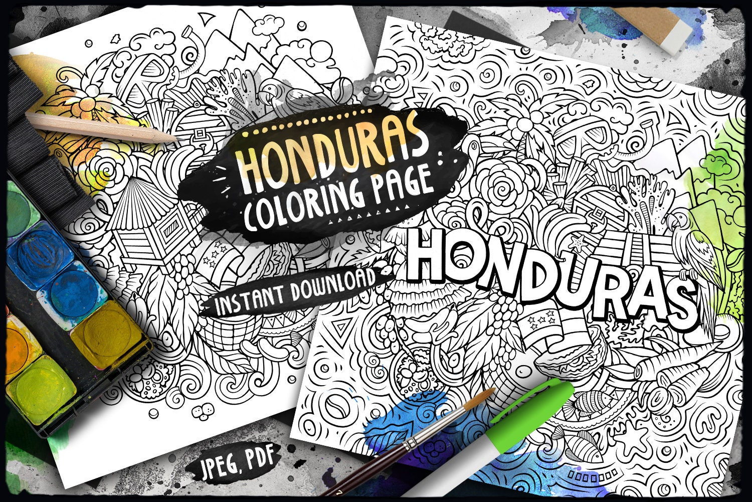 Honduras digital coloring page honduran culture travel adult coloring caribbean country doodles illustration printable coloring sheet pdf