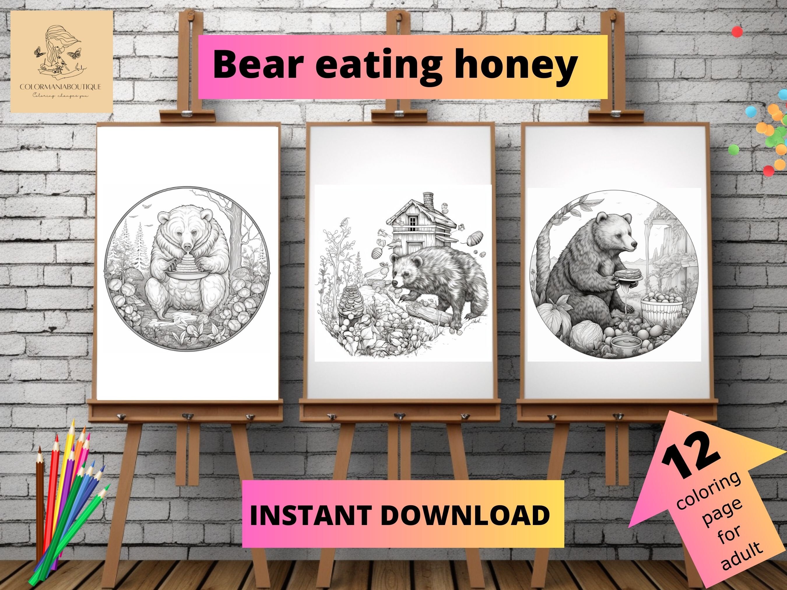 Greyscale bear eating honey printable coloring book printable adult coloring pages download greyscale illustration