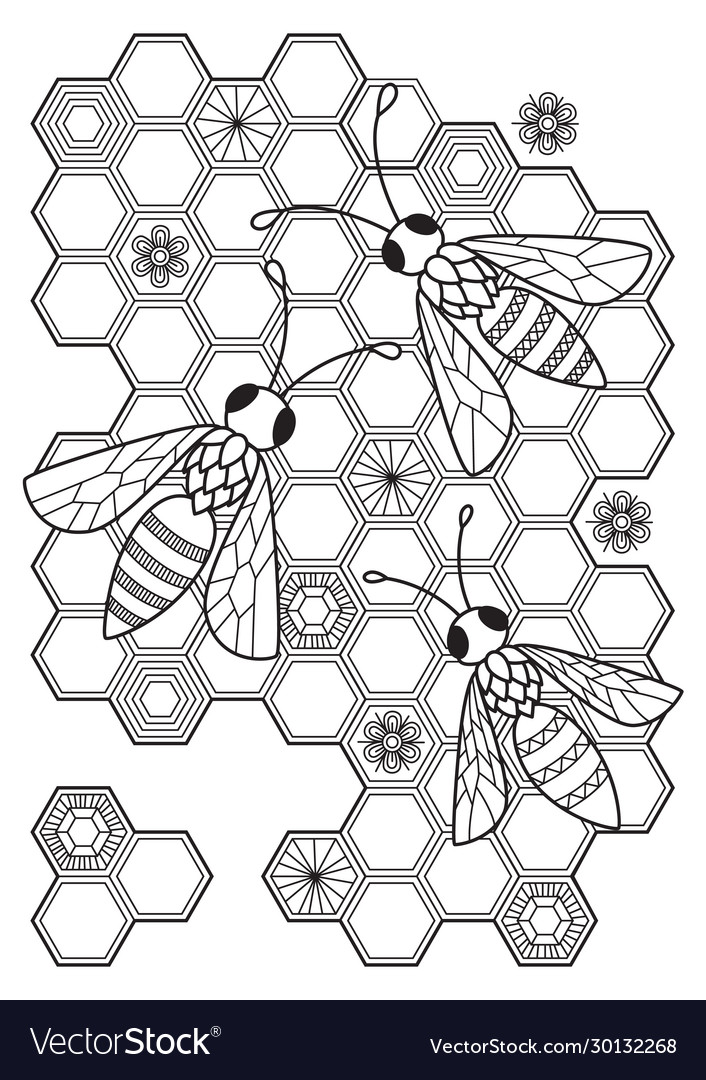 Bees in honeybs antistress doodle coloring book