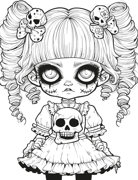 Premium vector doll with scary sinister expression spooky gothic horror coloring page clean line drawing strong