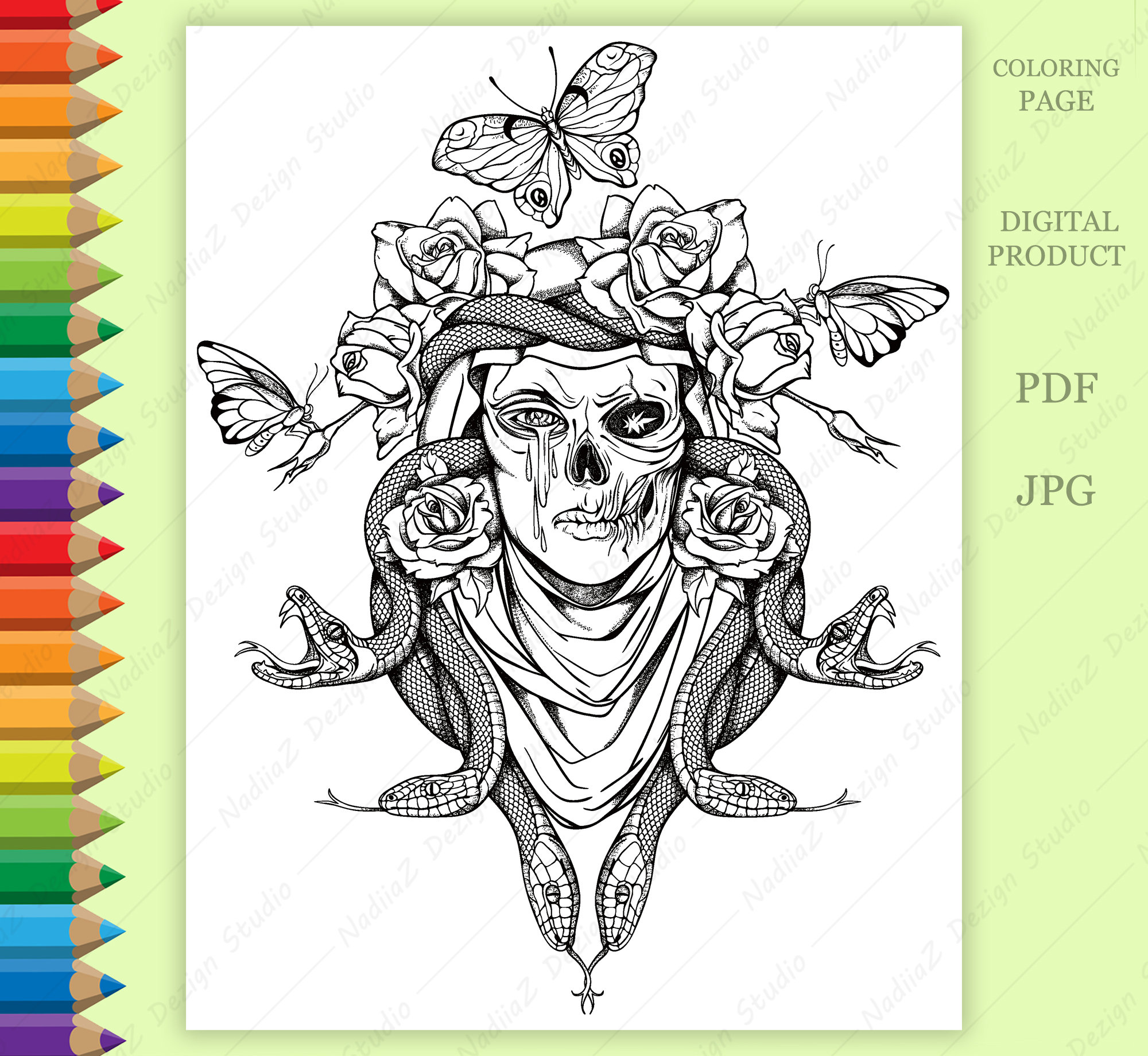 Horror coloring page of illustration with skull snakes butterflies and roses printable adult coloring page digital download