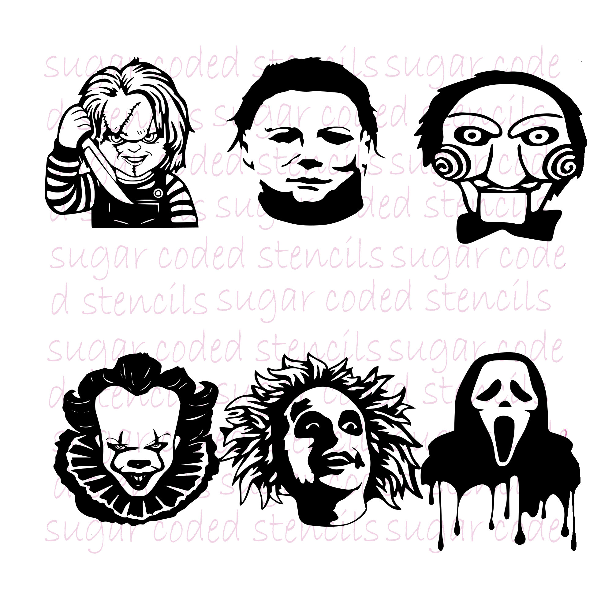 Horror movie characters chucky beetlejuice pennywise michael myers jigsaw ghostface scream silk screen cookie stencil