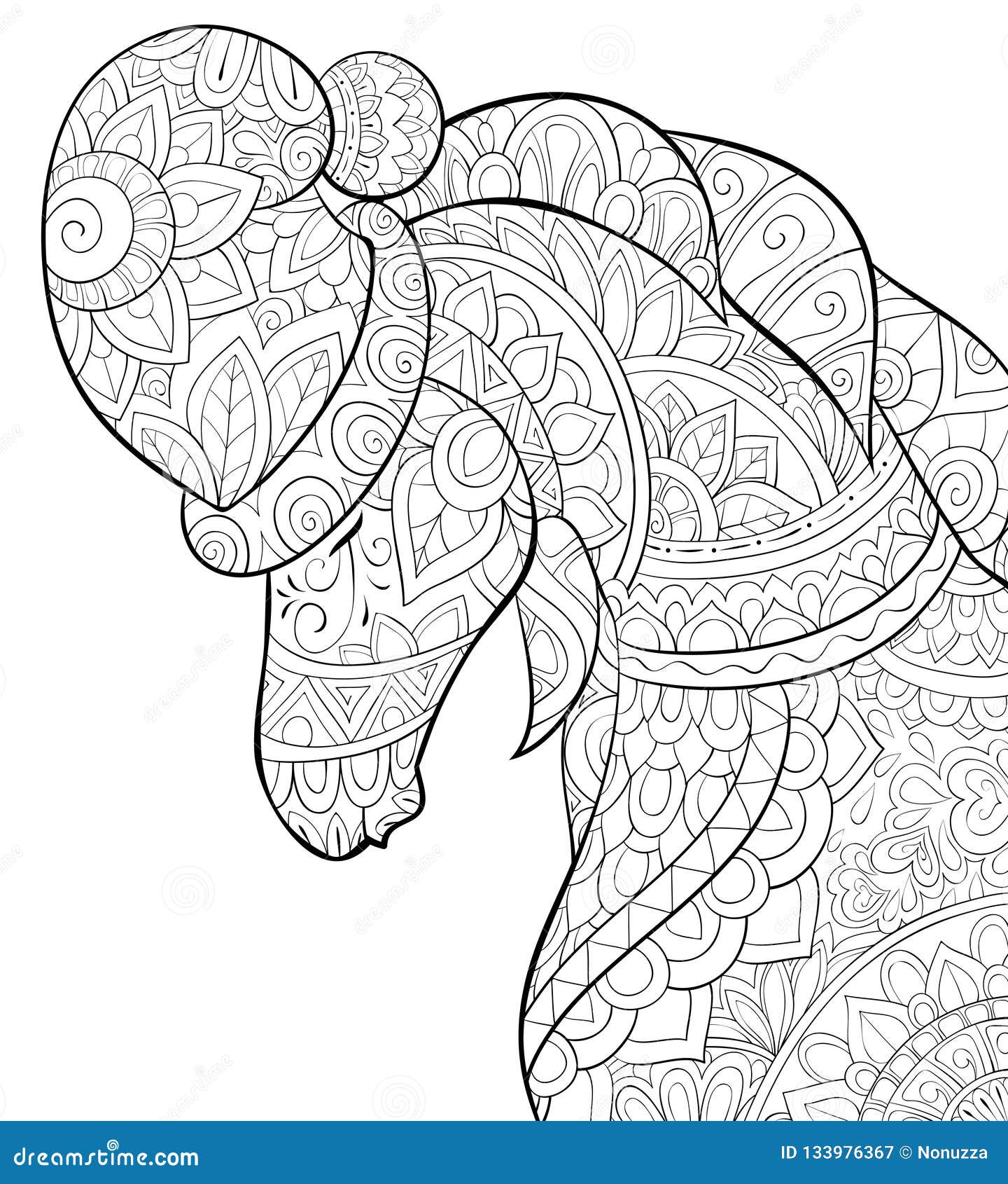 Adult coloring bookpage a cute horse wearing a christmas cap image for relaxingzen art style illustration stock vector