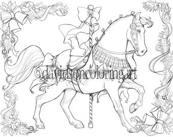 Christmas carousel horse adult coloring page fantasy coloring winter greyscale instant download printable