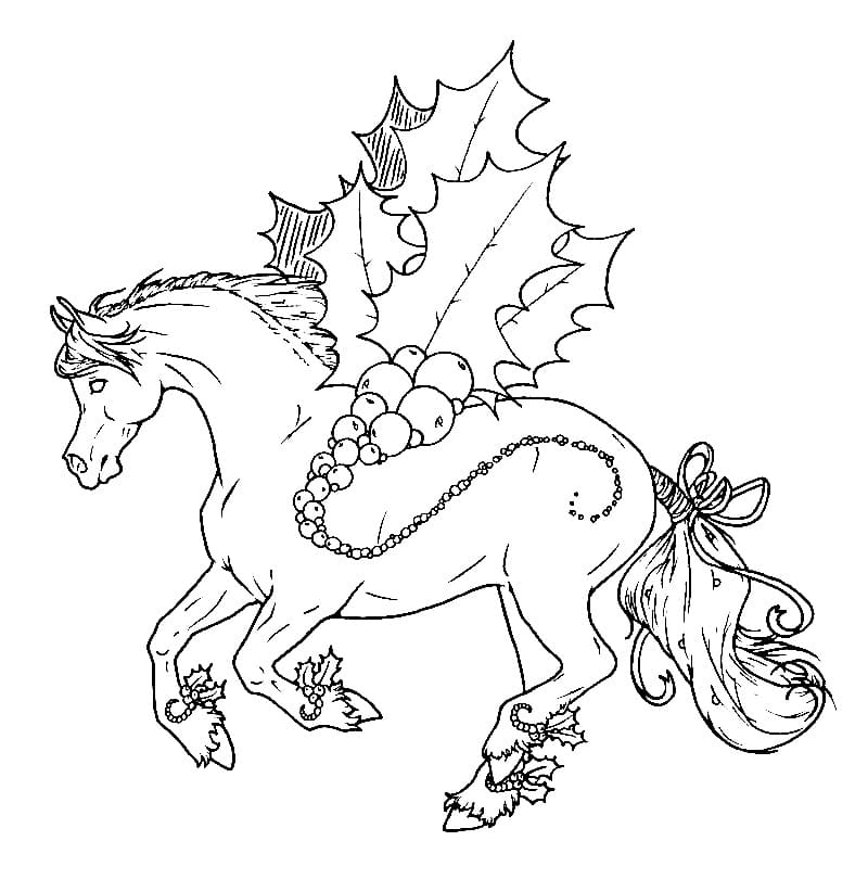 Horse and christmas holly coloring page