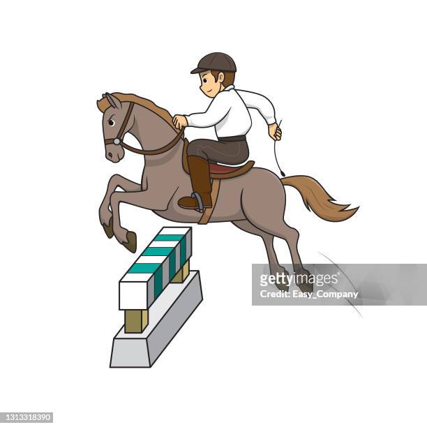 Vector illustration of a man riding on horseback for equestrian sport training isolated on white background kids coloring page drawing art first word flash card color cartoon character clipart high