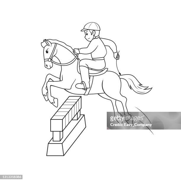 Vector illustration of a man riding on horseback for equestrian sport training isolated on white background kids coloring page drawing art first word flash card color cartoon character clipart high