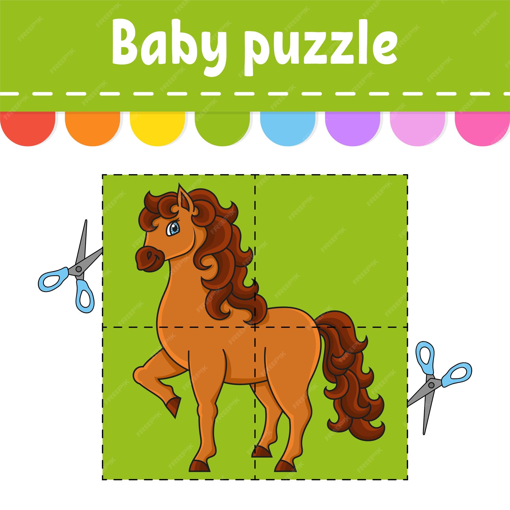 Premium vector baby puzzle easy level cute horse farm animal flash cards cut and play color activity worksheet game for children coon character