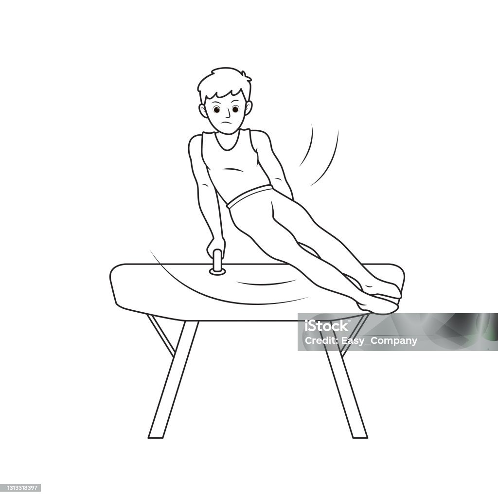 Young artistic gymnastics athlete training on pommel horse isolated on white background kids coloring page drawing art first word flash card color cartoon character clipart vector illustration stock illustration