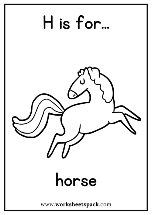 H is for horse coloring page free horse flashcard for kindergarten