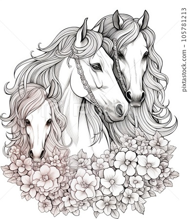 Horse and flowers coloring page for the adult