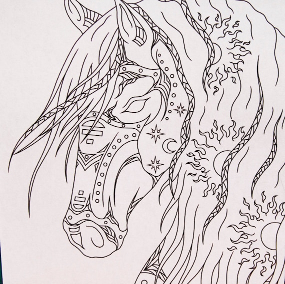 Celestial horse head adult coloring page intsant download sun stallion printable celestial fantasy horse