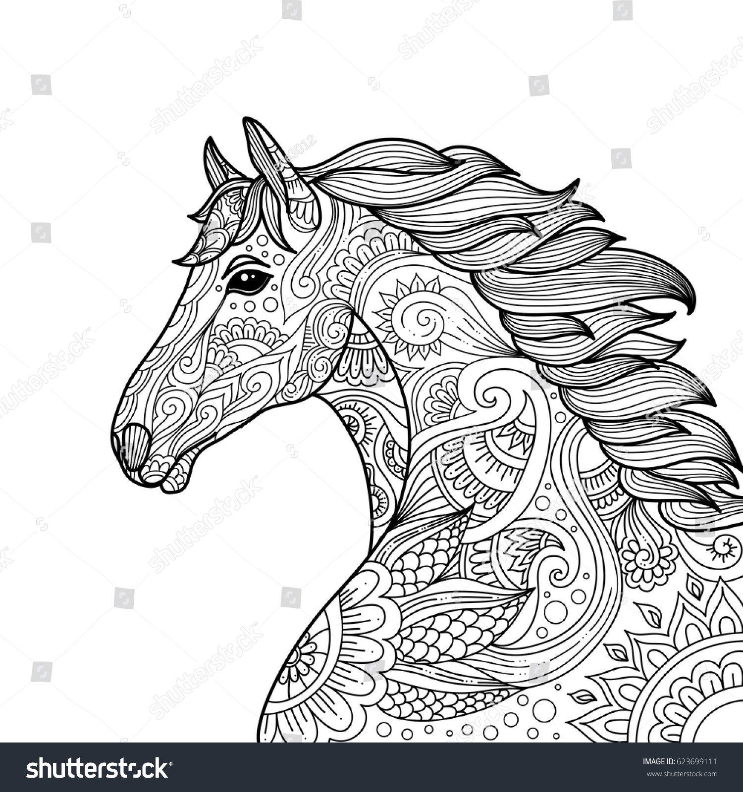 Stylized hand drawn head horse coloring stock vector royalty free