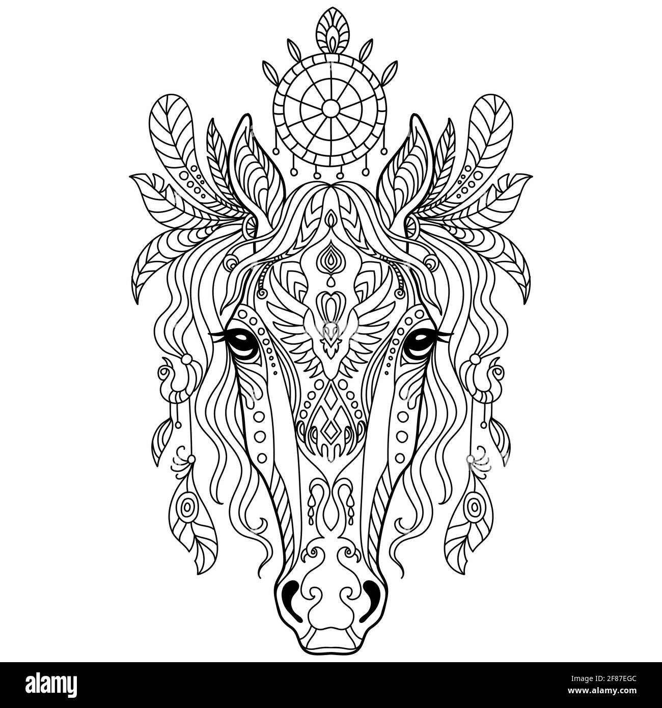 Head of horse abstract vector contour illustration isolated on white background for adult anti stress coloring book page with doodle and zentangle e stock vector image art