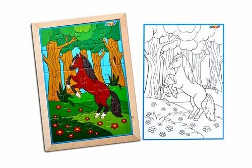 Wood horse jigsaw puzzle with colouring sheet