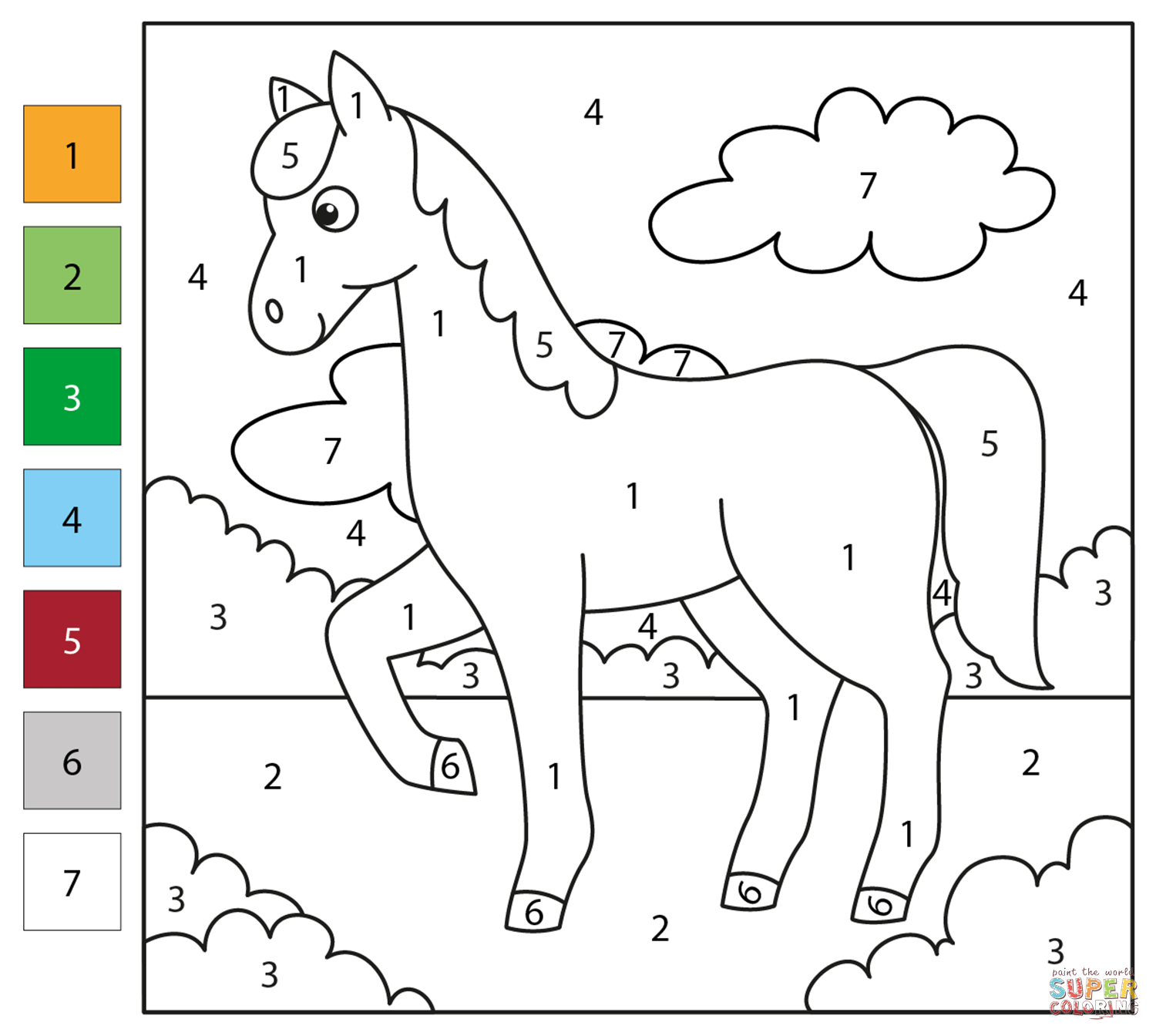 Horse color by number free printable coloring pages