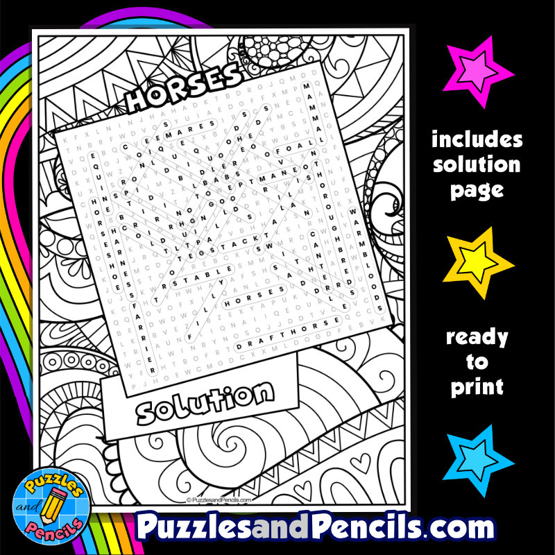 Horses word search puzzle activity page with coloring made by teachers