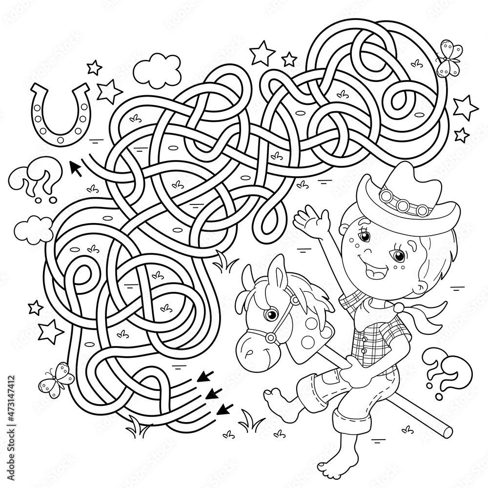 Maze or labyrinth game puzzle tangled road coloring page outline of cartoon boy playing cowboy with toy horse housework and cleaning coloring book for kids vector