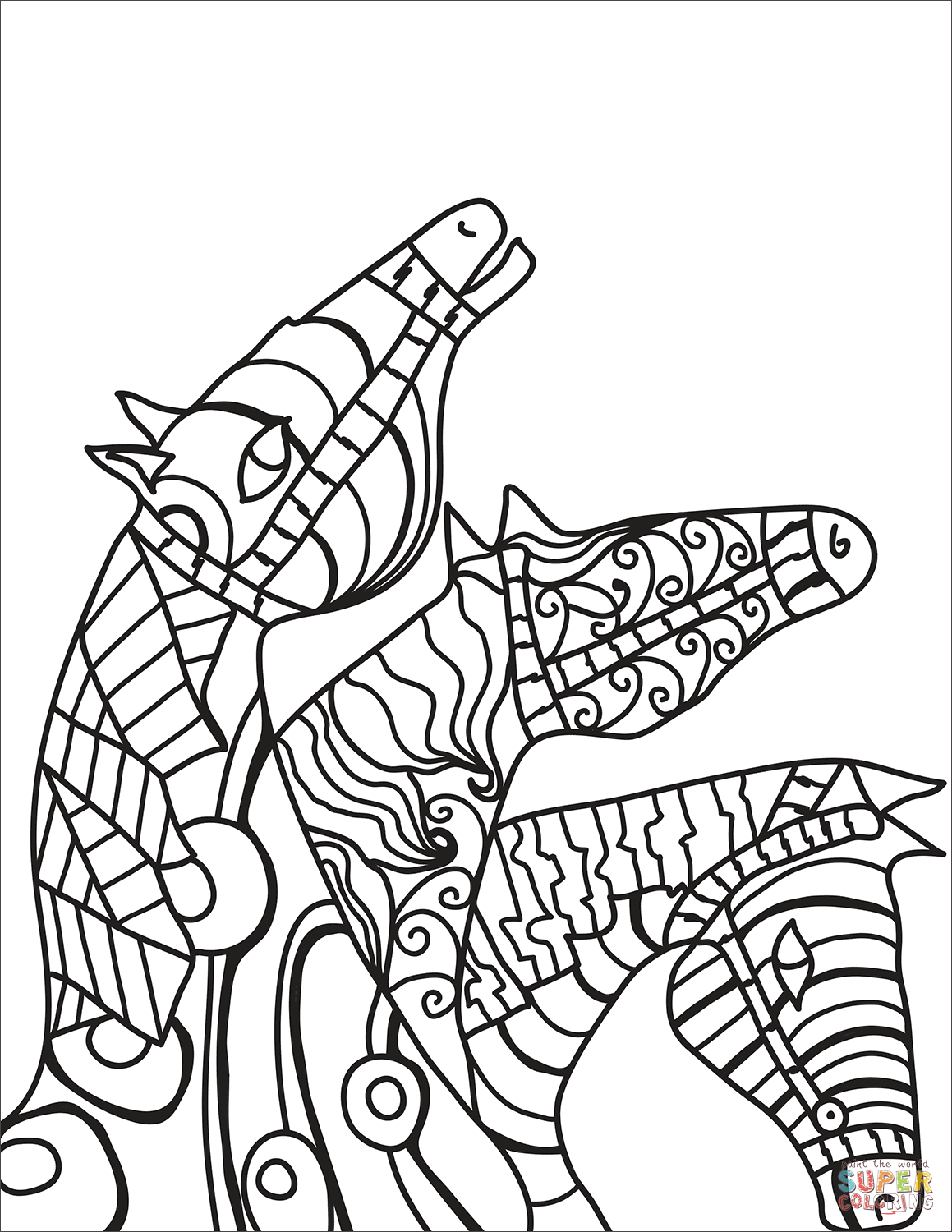 Three horses zentangle coloring page free printable coloring pages