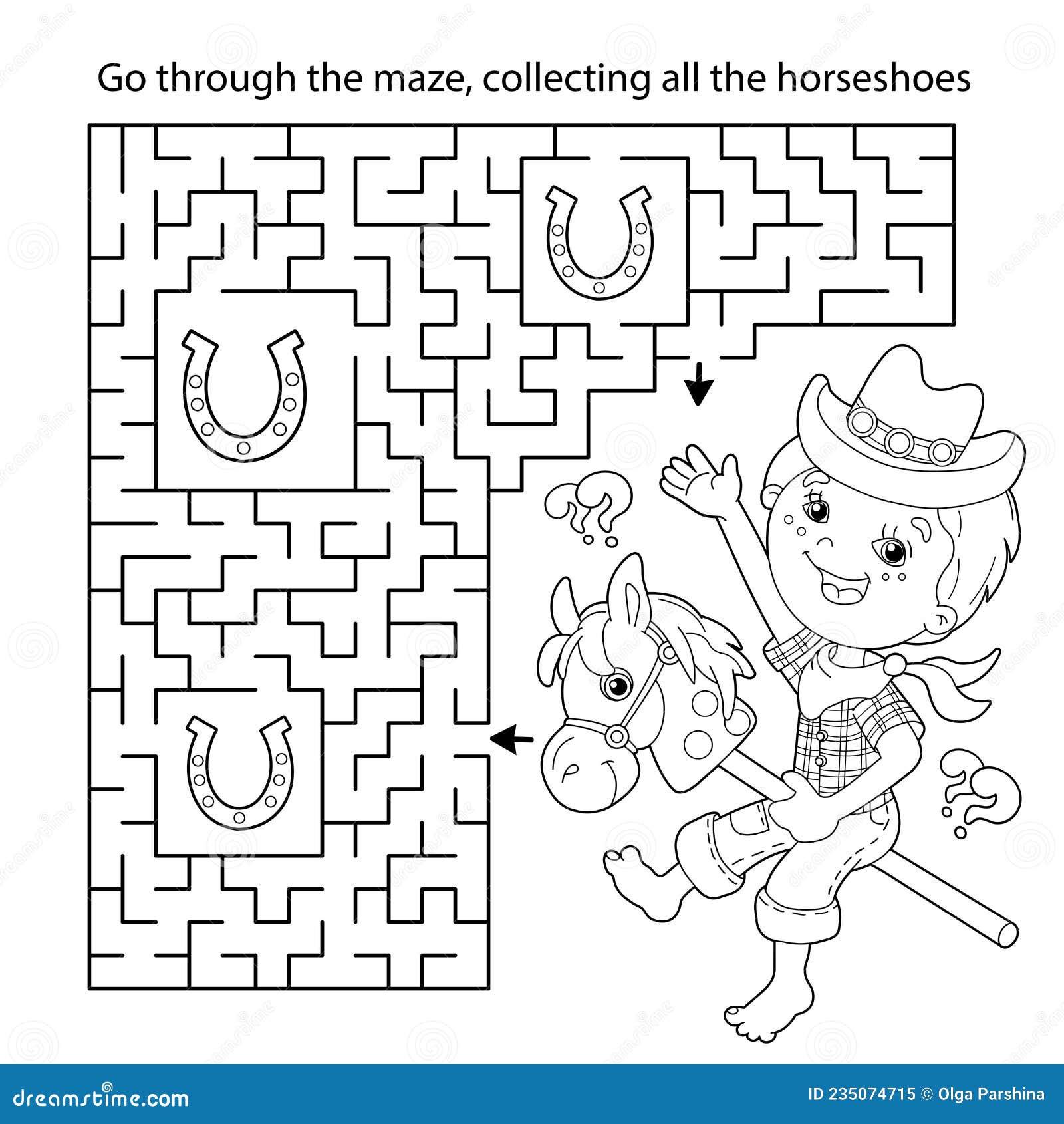 Maze or labyrinth game puzzle coloring page outline of cartoon boy playing cowboy with toy horse stock vector