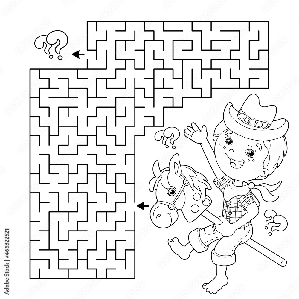 Maze or labyrinth game puzzle coloring page outline of cartoon boy playing cowboy with toy horse housework and cleaning coloring book for kids vector