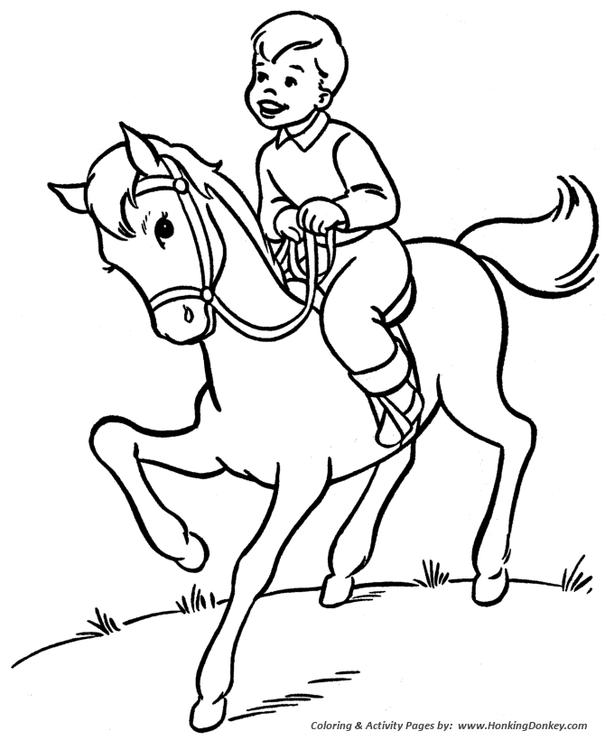 Horse coloring pages printable boy is riding his horse coloring page