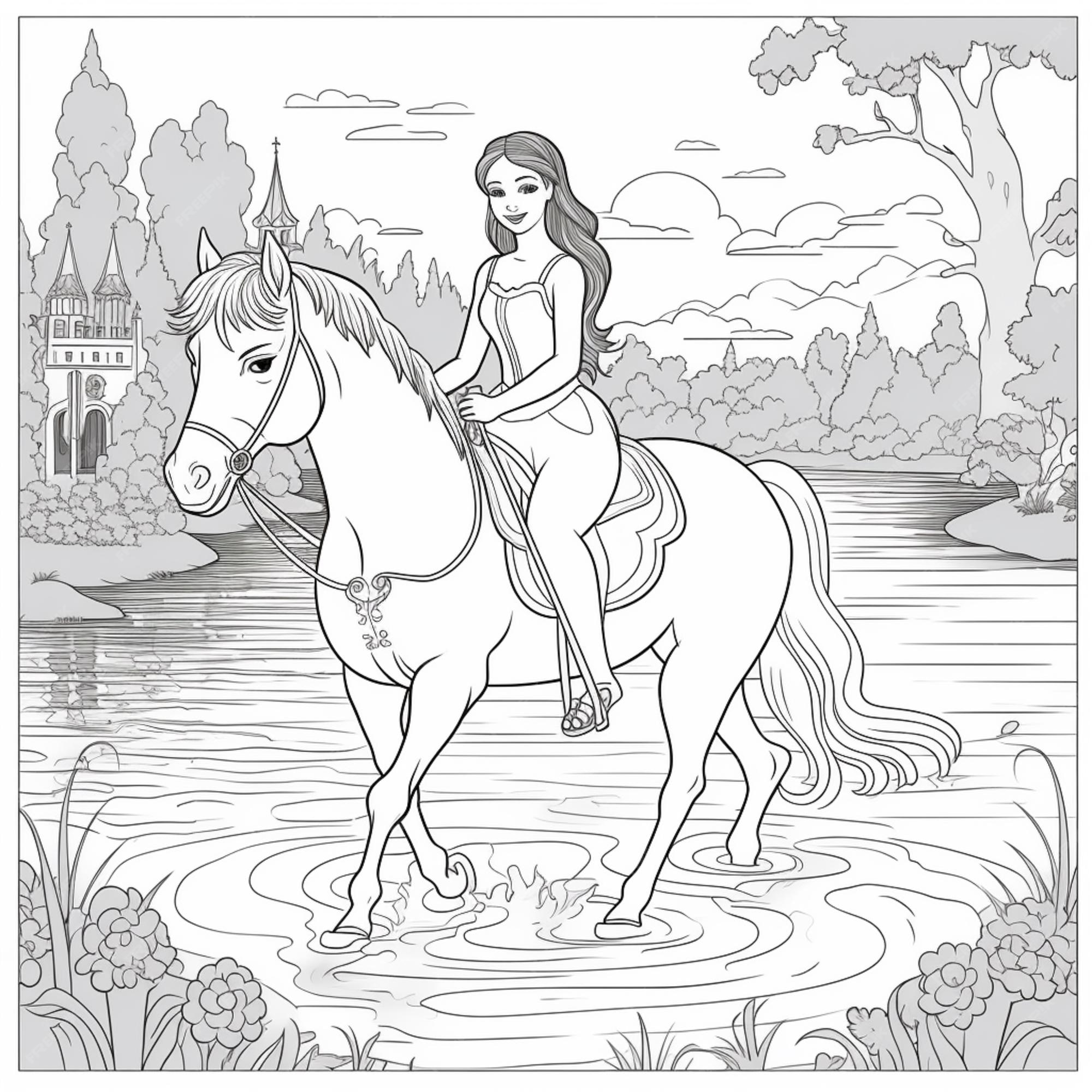 Premium photo coloring pages for girls princess riding horse in the water generative ai